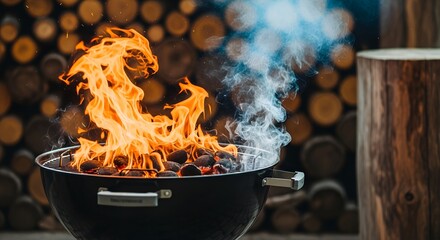 Vibrant Orange Flames and Smoke Rising from Charcoal Grill with Wood Stack Background