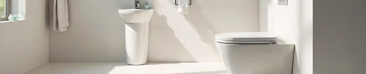 Modern, minimalist bathroom interior design featuring a sleek, white toilet and chrome fixtures Clean lines and elegant style create a spa-like atmosphere , serene, contemporary