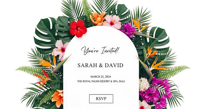 Tropical wedding invitation with vibrant hibiscus, monstera leaves, and bird of paradise flowers