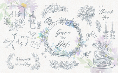 Hand-drawn minimal botanical line art frame set for wedding invitations, cards, and logo design. Vector files. Wedding clipart collection. Watercolor floral illustrations.