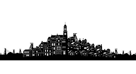 Obraz premium black silhouette cityscape mining town, industrial architecture, historic buildings