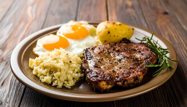 Hearty steak and eggs breakfast plate - Powered by Adobe