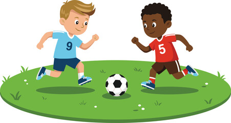 Cartoon boys playing soccer on green field, kids running for football match, outdoor sports activity for children in summer.