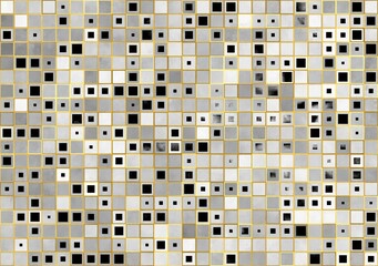 An abstract background with a grid of squares, each square containing gold border and a smaller square of varying sizes and shades of silver and black