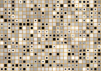 An abstract background with a grid of squares, each square containing gold border and a smaller square of varying sizes and shades of silver and black