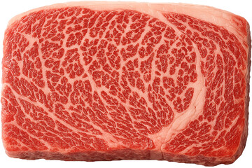 Raw Wagyu beef with intense marbling on a clean white background, top-down view, high detail, premium cut for gourmet cooking.