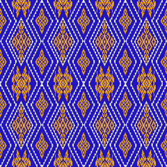 thai art pattern
A seamless pixel-art pattern inspired by traditional tribal textiles, featuring nested diamond shapes and zigzag lattice structures in golden-orange and royal blue. The symmetrical 