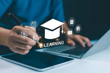 E-learning and digital education concept with virtual graduation cap icons tablet and laptop, symbolizing online study, distance learning, knowledge sharing, training courses, and academic success.