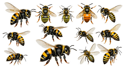 Collection of a flying bumblebee bee and wasp on white background,png