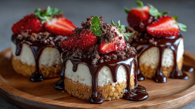 Three mini cheesecake desserts topped with fresh strawberries, chocolate, and drizzled chocolate sauce
