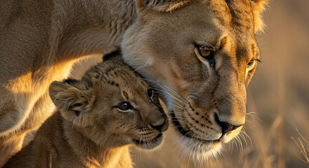 Obraz premium Lioness and Cub Close-Up: Golden Hour Affection in African Savanna