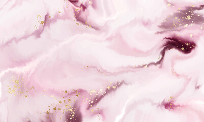 Pink marble stone background design with geode crystal texture and gold glitter.