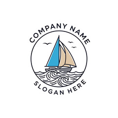 Illustration of a sailboat on wavy water within a circle, with space for a company name and slogan.