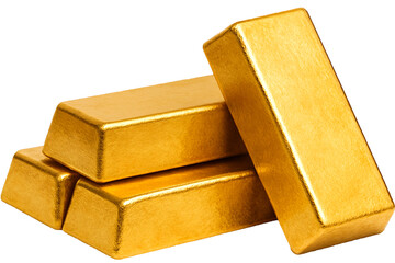Stacked gold bars with one leaning, isolated on transparent background clean, luxurious, product-ready.