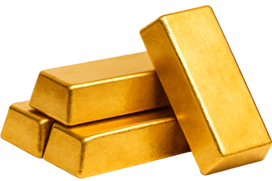 Stacked gold bars with one leaning, isolated on transparent background clean, luxurious, product-ready.