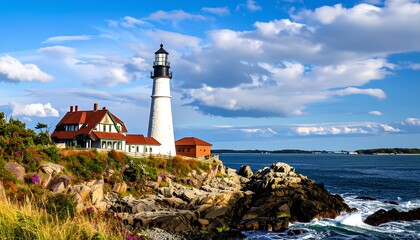 A picturesque coastal scene featuring a historic lighthouse and charming buildings on a rocky promontory against a backdrop of a vibrant blue sky and a tranquil ocean.