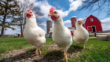 Fototapeta premium Three white chickens in a grassy field, with a red barn and silo in the background