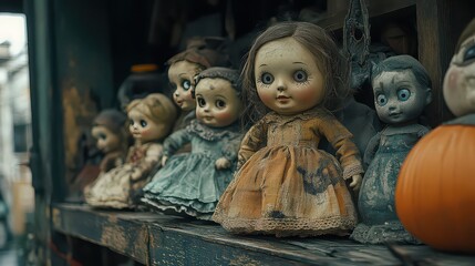 A collection of antique dolls with wide eyes and vintage dresses displayed on a weathered shelf indoors