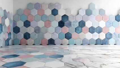 Modern interior design with hexagonal ceramic tiles in blue, white and gray tones creating geometric wall pattern with marble floor