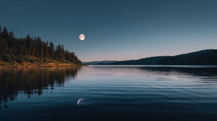 Serene lake at dusk with a full moon reflecting on the water's surface