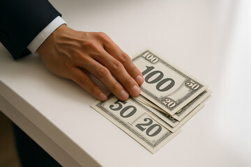 Close-Up of Money and Businessman Hand in Office