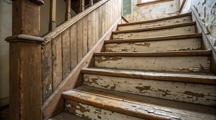 an old wooden staircase with peeling paint and rustic charm