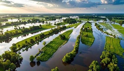 A sprawling vista of flooded farmland, showcasing winding waterways and lush greenery amidst a tranquil landscape.