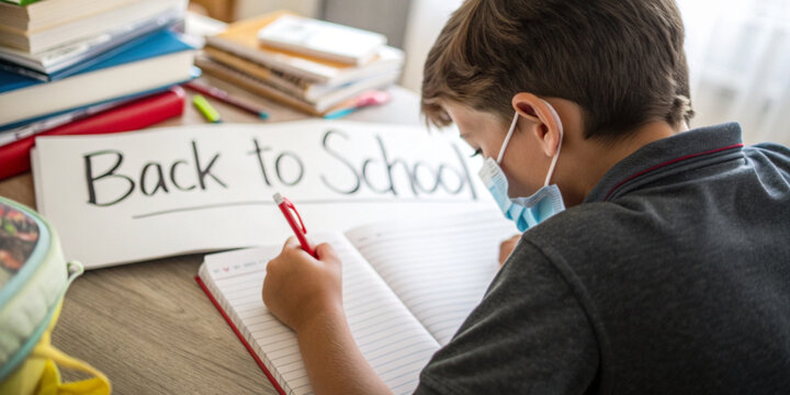 Abstract background. Back to school concept with disease prevention and the remote learning of a boy wearing a face mask who is writing in a notebook