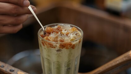 A person stirs a creamy, iced beverage topped with a crunchy crumble in a tall glass.