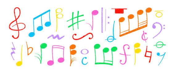 Crayon pastel or chalk music note signs doodle hand drawn symbol shapes set. Chalkboard textured musical symbols treble, bass clefs, pauses doodle collection.