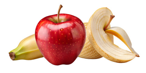 Fresh red apple and banana isolated on transparent background for healthy eating and nutrition