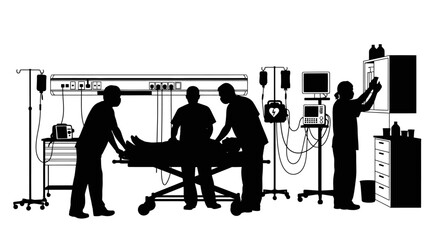 emergency room silhouette doctors, patient, medical equipment, hospital scene
