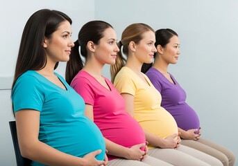Diverse expectant mothers patiently await their turn, symbolizing the universal journey of motherhood