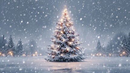 Fototapeta premium Festive Christmas tree with twinkling fairy lights in a snowy winter wonderland — frosted evergreen, sparkling ornaments, gentle snowfall, star topper, cozy holiday night scene, magical seasonal