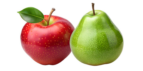 A red apple and a green pear isolated on transparent background, showcasing fresh and healthy fruits
