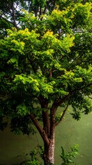 Lush green tree with vibrant foliage against a muted green wall