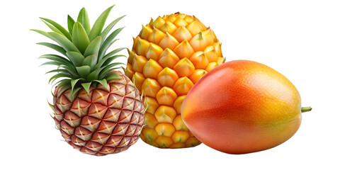 Pineapples and a mango isolated on transparent background, a tropical fruit assortment for a healthy diet