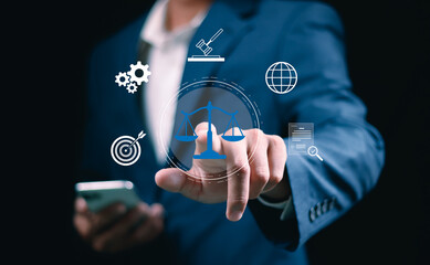 Law concept. Legal Professional with Justice Icons. A professional holding virtual icons symbolizing law, justice, and legal services. business legislation, Notary public, legal advice online, Lawyer,