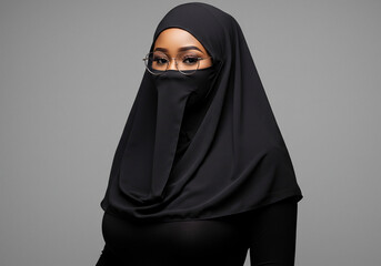 Naklejka premium Elegant Muslim Woman in Black Niqab and Gold Glasses on Gray Background