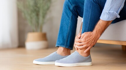 Gentleman sitting on a couch, holding his ankle in pain while dressed casually at home