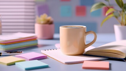 Fototapeta premium Creative workspace with colorful sticky notes and coffee cup