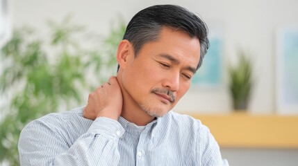 A man rubs his neck, displaying signs of discomfort in a soothing, well-lit environment