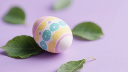 An Easter egg painted with colorful patterns, matched with green leaves, fully shows the festive atmosphere against the purple background.