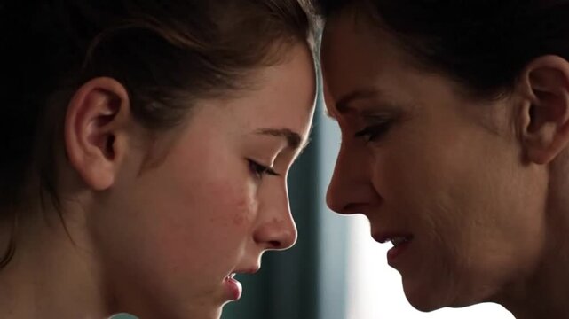 Close up of two women facing each other with intense expressions and noses nearly touching each other