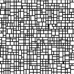 Abstract geometric pattern featuring black lines and white rectangles creating a complex grid structure