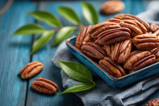 Roasted pecans in a blue bowl on a blue wooden table