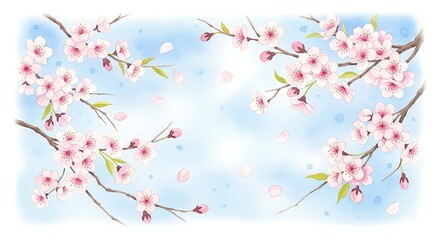 Fototapeta premium Watercolor Cherry Blossom Branches with Pink Flowers and Blue Background