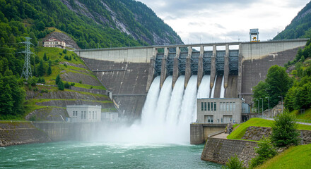 Massive hydroelectric dam releasing powerful torrents of water for clean, renewable energy generation in a scenic mountain valley