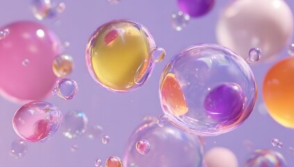 Colorful transparent bubbles floating on pastel background