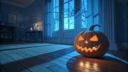 a glowing jack o lantern sits on wooden floor by large window